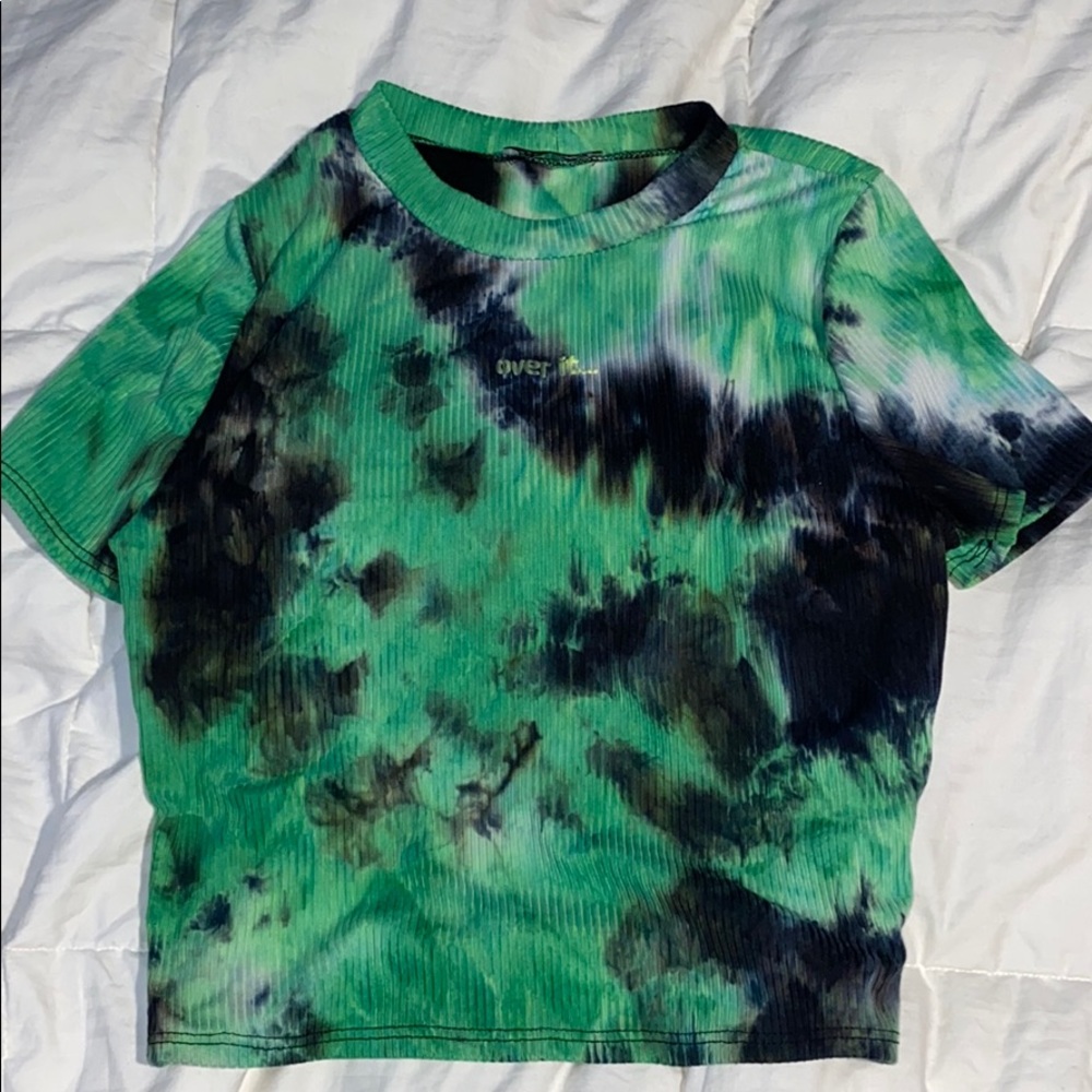 Tie dye green and black shirt. Says “over it”